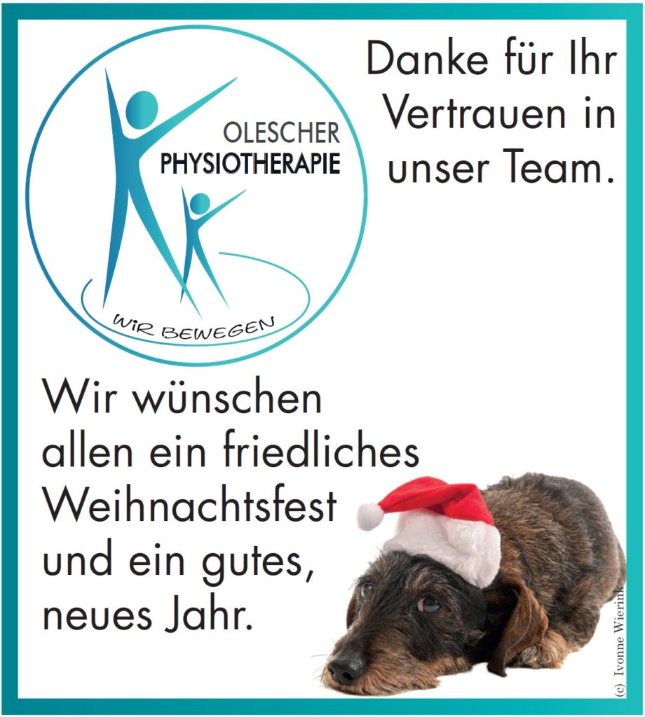 Weihnachtsgruesse LOgo, Danke, Wünsche und im Eck rechts unten ein kleiner Rauhhaardackel mit einer roten Zipfelmütze.