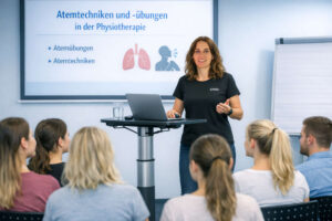 Darstellung einer Vortragssituation; Frau Olescher steht an einem Rednerpult mit Laptop. Hinter ihr an der Wand befindet sich eine Anzeigetafel, die über Atemtechniken und Atemübungen informiert.